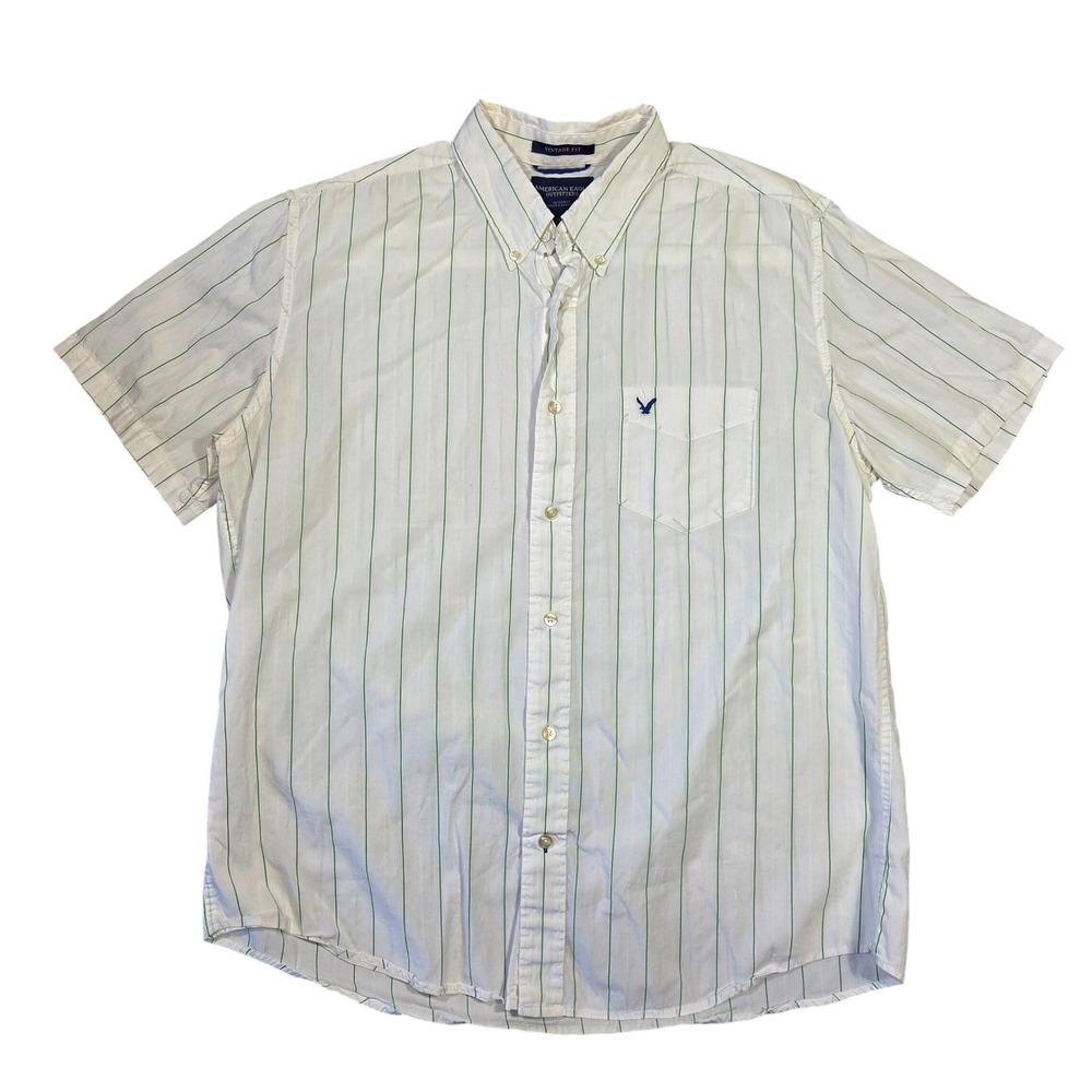 American Eagle Men XL Vintage Fit Pinstripe Short Sleeve Button Down Shirt Beach